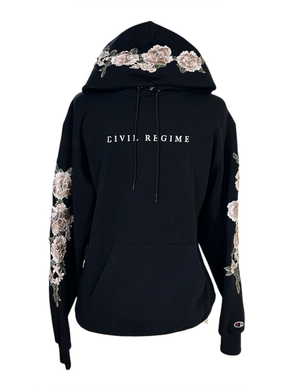 Champion x Civil Regime Black Men's Pullover Embroidered Rose Hoodie Floral M